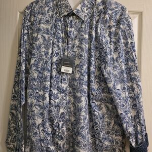 Ameri Mode Blue and White Floral Button-Up Shirt 2XL
